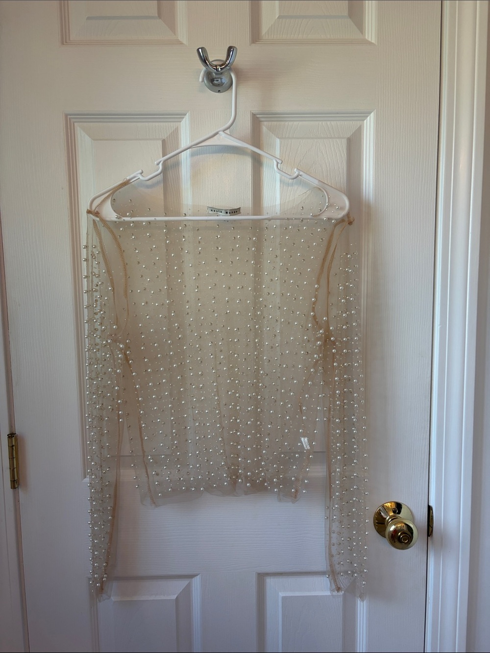 Sheer Pearl-Studded Long Sleeve Top - Nude/Beige